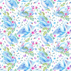 Fototapeta premium Watercolor swan lake seamless pattern. Beautiful birds with flowers, leaves, berries, butterfly on white background