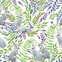 Petits lapins d& 39 aquarelle sur le fond sauvage d& 39 herbes et de fleurs