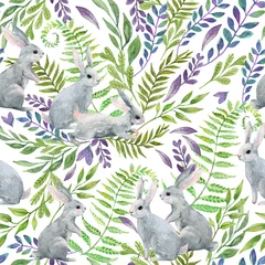 Photo sur Plexiglas Lapin Petits lapins d& 39 aquarelle sur le fond sauvage d& 39 herbes et de fleurs