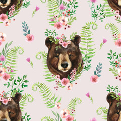 Cute watercolor bear portrait in floral wreath on wild flowers background