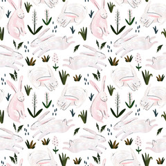 Woodland wildlife seamless pattern with cute animals, spring concept.