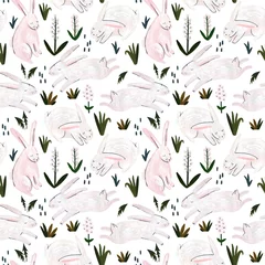 Washable wall murals Rabbit Woodland wildlife seamless pattern with cute animals, spring concept.