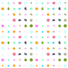 Vector confetti pattern. Modern polka dot seamless background. Pastel colored shapes with worn out texture on white background.