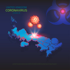Coronavirus in United Kingdom. Isometric map UK with regions country. Hologram 3D molecules of coronavirus bacteria COVID-2019 on a blue futuristic background with biohazard sign. Coronavirus outbreak