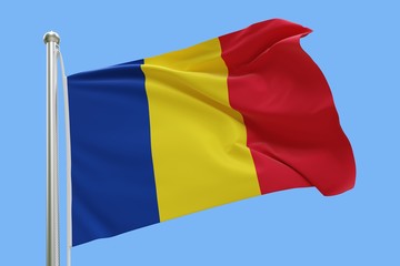Flag of Romania On Flagpole Waving in the Wind. Isolated On Blue Sky Background. 3D Rendering.