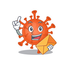 Cute face deadly corona virus mascot design with envelope