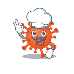 Cute deadly corona virus cartoon character wearing white chef hat