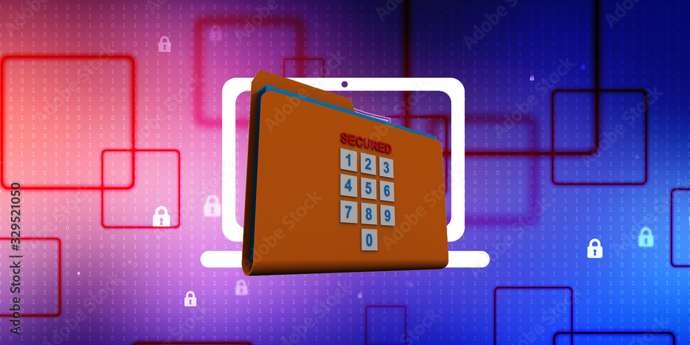 Poster yellow folder and lock. data security concept. 3d rendering