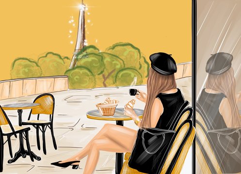 Illustration of a woman dressed in black having a french breakfast with coffee and croissant at the cafe terrace with eiffel tower on the background