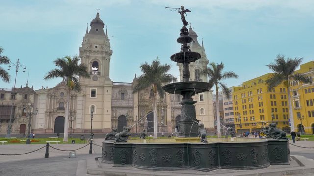 Lima Cathedral view from central fountain of Plaza de Armas (Main Square), Lima city, Peru