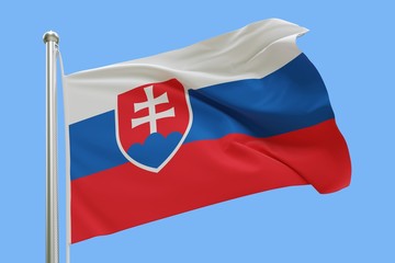 Flag of Slovakia On Flagpole Waving in the Wind. Isolated On Blue Sky Background. 3D Rendering.
