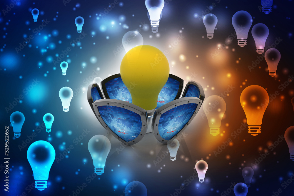 Poster 3d rendering led light bulb with shield network