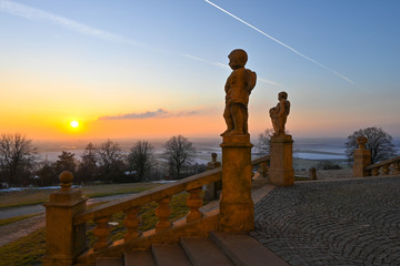 Angels and sunset. Castle stairs and statues of Angels 