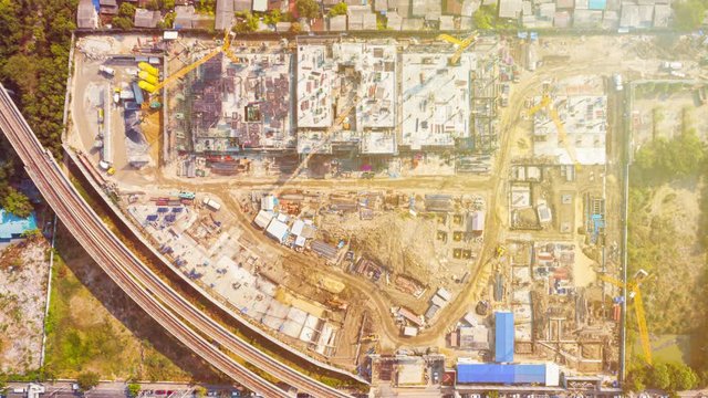 Time lapse Big Construction site and rail track. Aerial top view