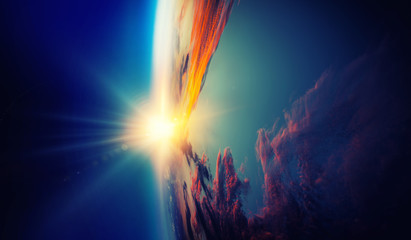 Sunrise on planet orbit, space beauty