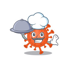 Deadly corona virus as a chef cartoon character with food on tray