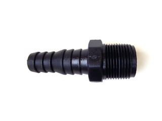 Close up of black plastic pipe fitting isolated on white background. Water pipe.