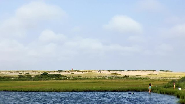 Two girls fish with net and bucket as boy snorkels near dunes of east beach Cape Poge wildlife refuge Chappaquiddick island Martha's Vineyard summer wide