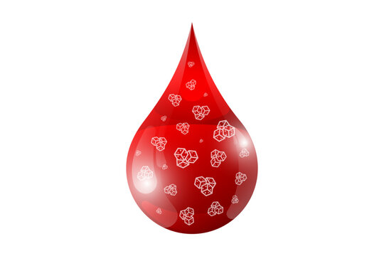 Realistic 3d blood drop with sugar pieces inside. Testing blood glucose concept. Diabetes world day. Vector illustration