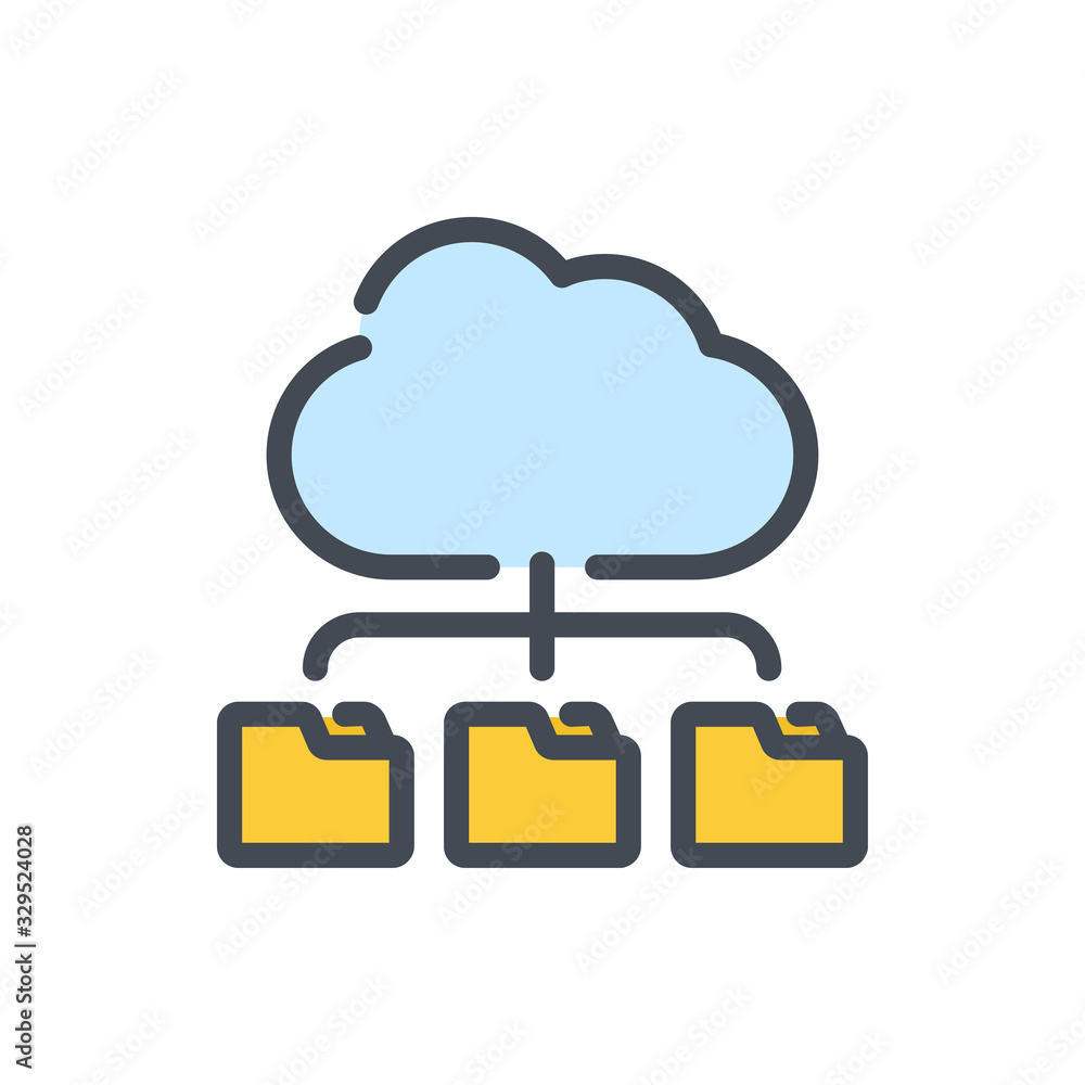 Poster cloud storage color line icon. cloud service with connection to data folders vector outline colorful