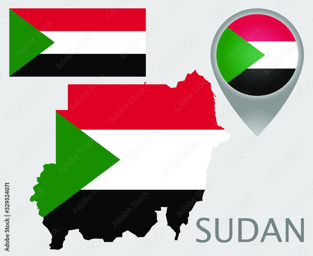 Wall mural colorful flag, map pointer and map of sudan in the colors of the sudanese flag. high detail. vector  - Wall murals