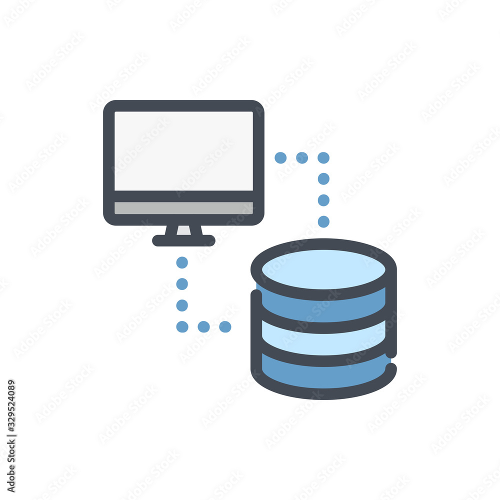 Poster database connection color line icon. computer with connection to data storage vector outline colorfu