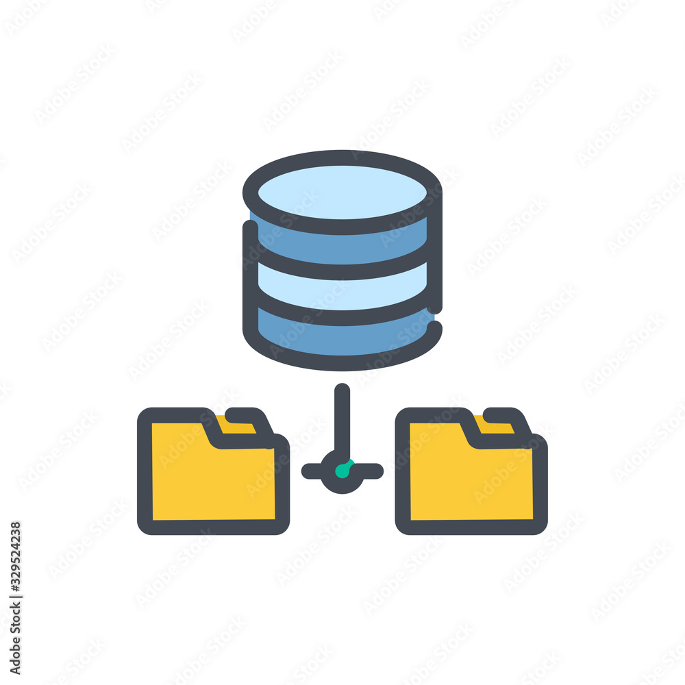 Poster data server with connection to file folders color line icon. file storage database vector outline co