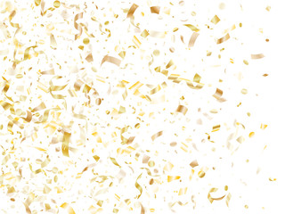 Holiday realistic gold confetti flying on black background.