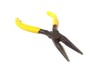 Close up of electrical pliers isolated on white background. Yellow handle pliers. Hand tool.