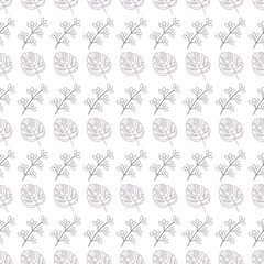 Seamless geometric pattern with leaves, blades of grass and twigs