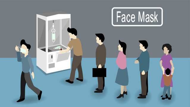 The abstract cartoon illustration picture of the people waiting in line to get the face mask from the doll machine, in order to show the difficulty for the people to get the face mask. ( vector )