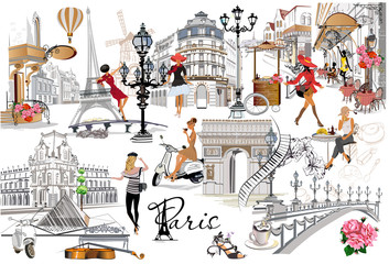 Set of Paris illustrations with fashion girls, cafes and musicians. Vector illustration. - obrazy, fototapety, plakaty
