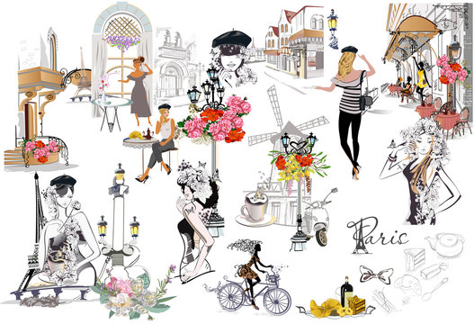 Set of Paris illustrations with fashion girls, cafes and musicians. Vector illustration.