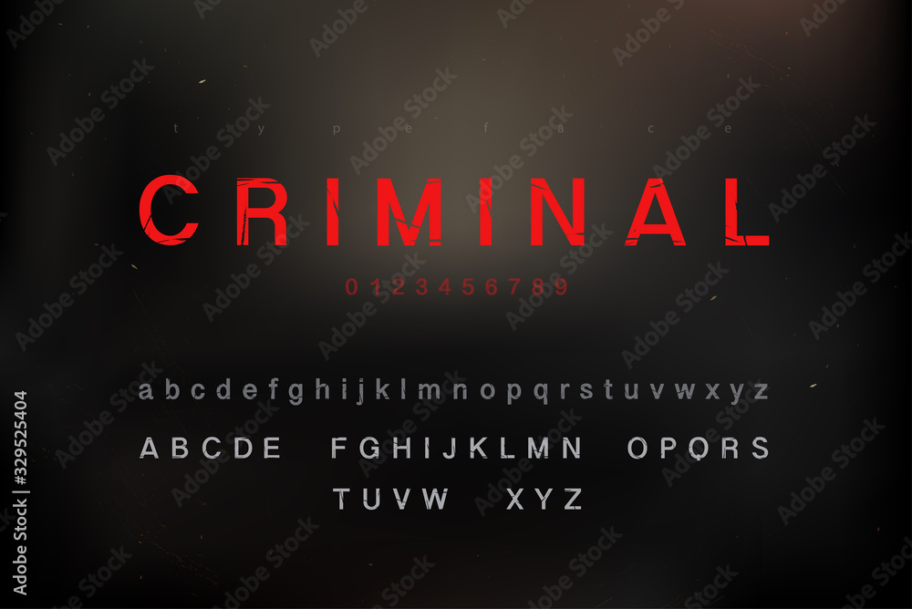 Fototapete scratched criminal theme alphabet font set with uppercase lowercase and numbers