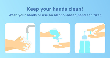 Vector illustration 'Keep your hands clean'. Set of 3 icons of washing hands and sanitizer using. Poster for promotion of cleaning hands. Health banners, hygiene infographic.
