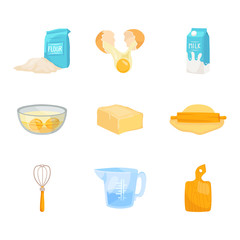 Set of baking ingredients vector illustration isolated on white background. Flour, broken egg, milk, eggs in bowl, butter, dough and rolling pin, whisk, board, beaker. Preparing food cartoon elements.