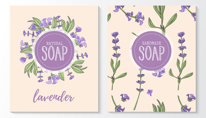 Background with handmade lavender soap. Seamless pattern. Organic cosmetic natural soap.