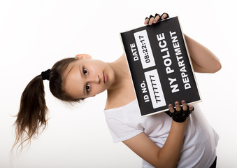 Sad girl prisoner, difficult children, social tension. Criminal Mug Shots
