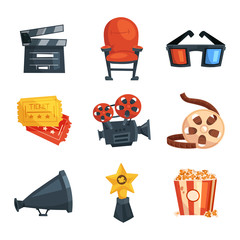 Cinema elements set cartoon. Multimedia and photography. Clapper-board, chair, 3D glasses, tickets, camera, filmstrip, loudspeaker, award, popcorn