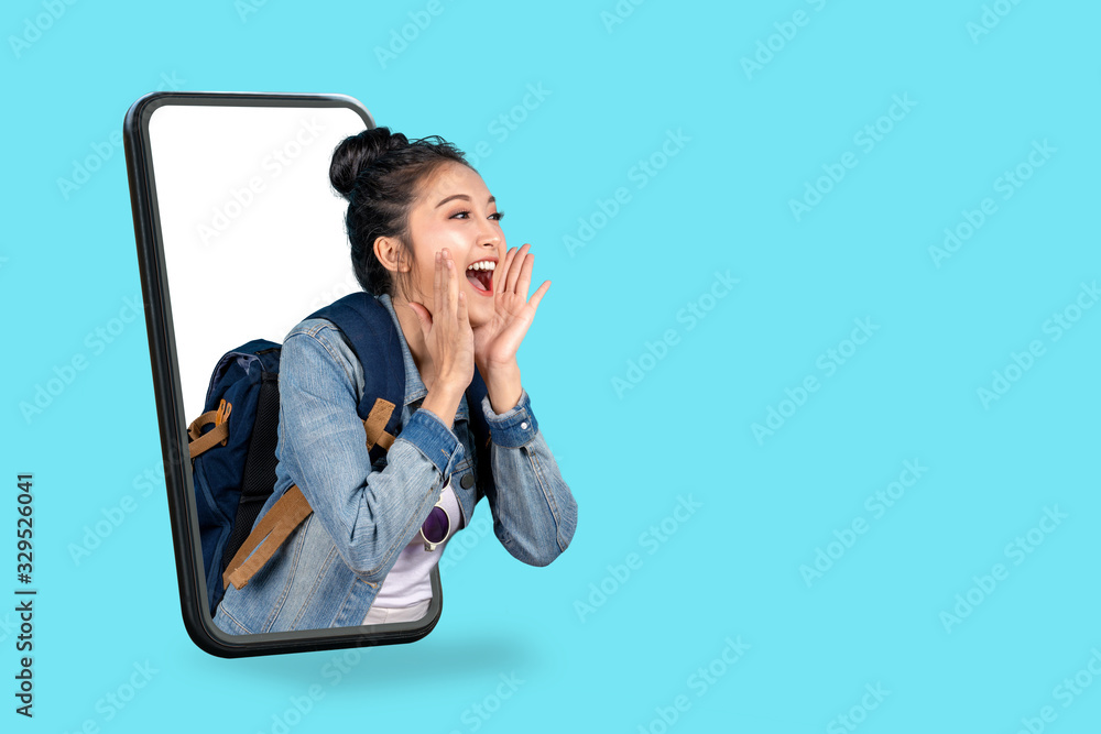 Wall mural smartphone pop up for advertising.asian woman travel backpacker shouting open mouth through from scr - Wall murals