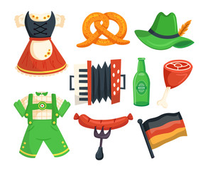 Oktoberfest elements set. German national costumes. Hat, pretzel, bottle, meat, sausage, flag, national costumes, accordion
