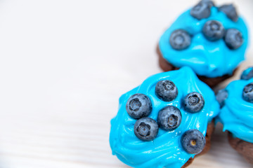 beautiful homemade chocolate cupcakes with blue cream and scattered blueberries on a white wooden background, close-up
