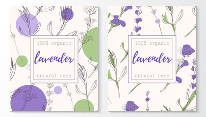 Vector set of lavender natural cosmetic horizontal banners on a seamless pattern. Vector hand drawn illustration