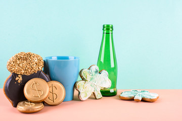 March 17 is St. Patrick's Day. Composition of sweet gingerbread on a light background.
