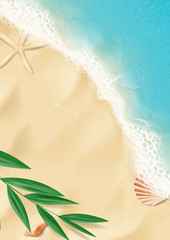 Summer vertical banner with top view on beach.  Top view on ocean beach with soft waves and tropical leaf. Beautiful background with seashells on sea sand. Vector illustration.
