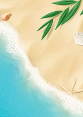 Summer background with top view on beach.  Top view on ocean beach with soft waves and tropical leaf. Beautiful background with seashells on sea sand. Vector illustration.