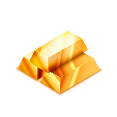 Bright stack of three realistic glossy golden bars in isometric view on white