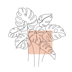 Trendy one line monstera leaves composition. Continuous line print for textile, poster, card, t-shirt etc. Vector illustration.