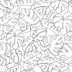 Behang Lijnkunst Eigentijds bloemen naadloos patroon. Eén lijn doorlopende monsterabladeren. Zwart-wit compositie. Textuur voor textiel, verpakking, inpakpapier, social media post enz. Vectorillustratie.