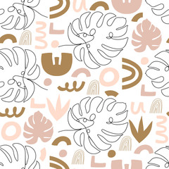 Coollage pastel seamless pattern. Terracotta abstract shapes and continuous line monstera leaves. Texture for textile, packaging, wrapping paper, social media post etc. Vector illustration.
